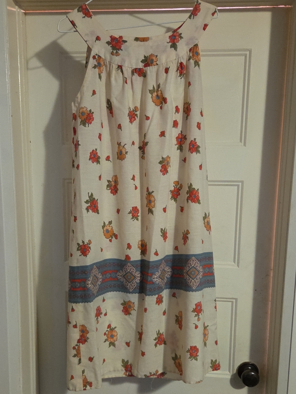 Floral Boho Cream Midi Dress with Blue Border